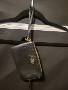 Coach Black Leather Wristlet Clutch with Gold Hardware
